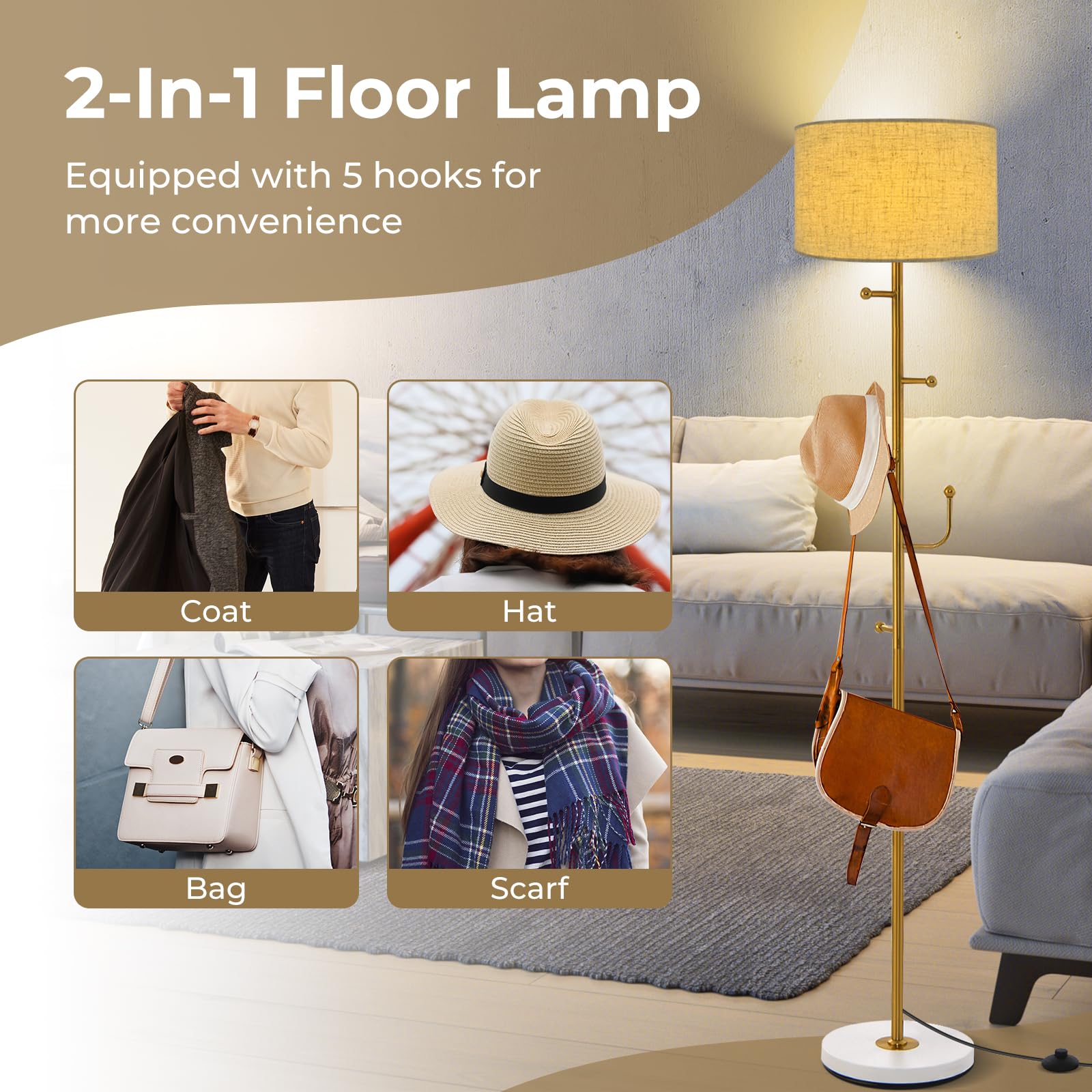 Tangkula Floor Lamp with Coat Rack Freestanding Lamp with 5 Hooks Foot Switch