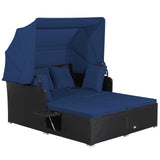 Tangkula Patio Rattan Daybed, Patiojoy Wicker Daybed Loungerw/Retractable Canopy, 2 Foldable Side Panels