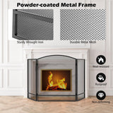 Tangkula 3-Panel Folding Fireplace Screen, Wrought Iron Spark Guard Fence, 48.5” x 29” Metal Furnace Fireguards Mesh Cover