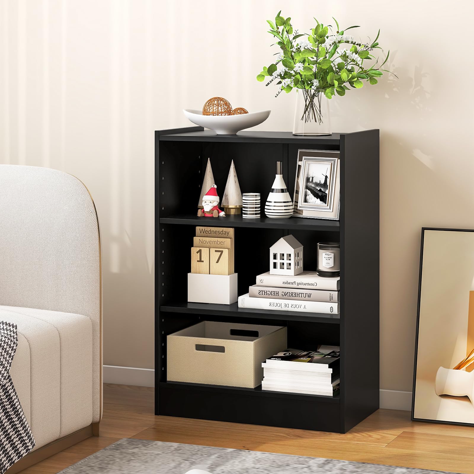 3 Tier Bookcase, Floor Standing Open Bookshelf with 18-Position Adjustable Shelves - Tangkula