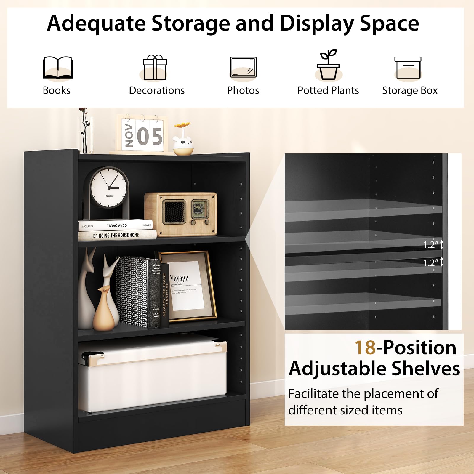 3 Tier Bookcase, Floor Standing Open Bookshelf with 18-Position Adjustable Shelves - Tangkula