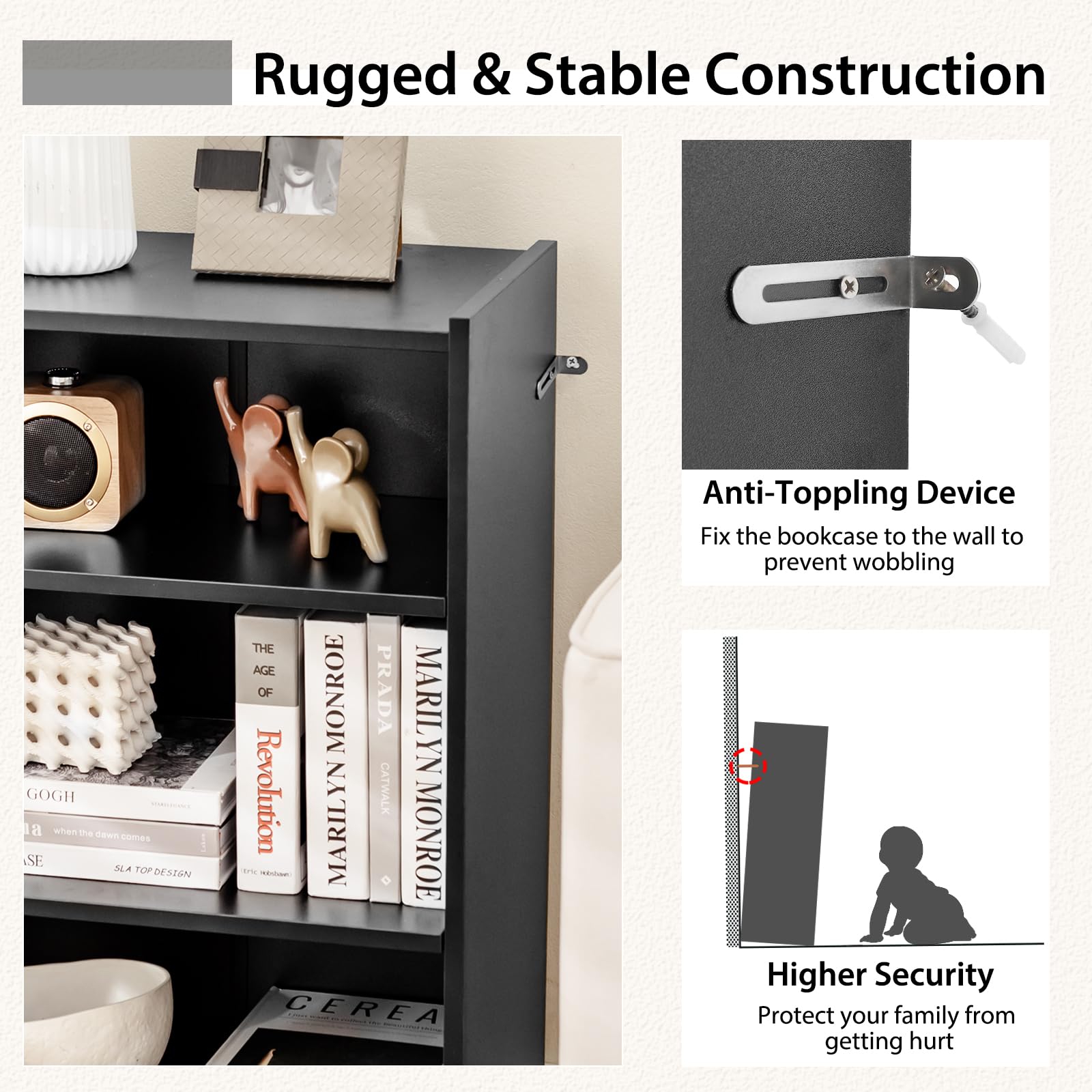 3 Tier Bookcase, Floor Standing Open Bookshelf with 18-Position Adjustable Shelves - Tangkula