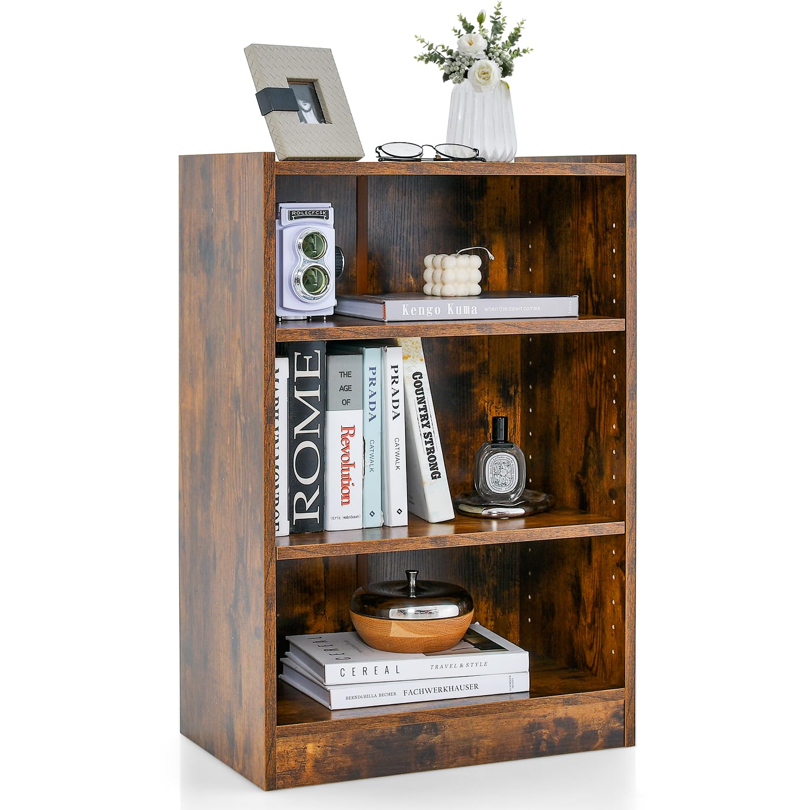3 Tier Bookcase, Floor Standing Open Bookshelf with 18-Position Adjustable Shelves - Tangkula