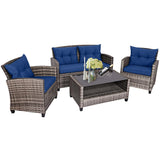 Tangkula 4 PCS Patio Wicker Conversation Furniture Set, Outdoor Rattan Sofa Set with Padded Cushion & Tempered Glass Coffee Table