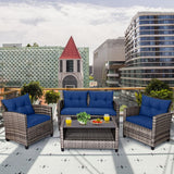 Tangkula 4 PCS Patio Wicker Conversation Furniture Set, Outdoor Rattan Sofa Set with Padded Cushion & Tempered Glass Coffee Table