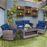 Tangkula 4 PCS Patio Wicker Conversation Furniture Set, Outdoor Rattan Sofa Set with Padded Cushion & Tempered Glass Coffee Table
