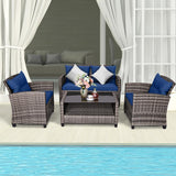 Tangkula 4 PCS Patio Wicker Conversation Furniture Set, Outdoor Rattan Sofa Set with Padded Cushion & Tempered Glass Coffee Table
