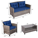 Tangkula 4 PCS Patio Wicker Conversation Furniture Set, Outdoor Rattan Sofa Set with Padded Cushion & Tempered Glass Coffee Table