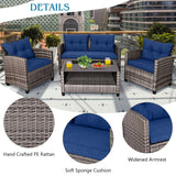 Tangkula 4 PCS Patio Wicker Conversation Furniture Set, Outdoor Rattan Sofa Set with Padded Cushion & Tempered Glass Coffee Table