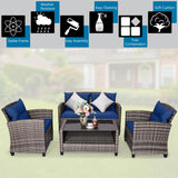 Tangkula 4 PCS Patio Wicker Conversation Furniture Set, Outdoor Rattan Sofa Set with Padded Cushion & Tempered Glass Coffee Table