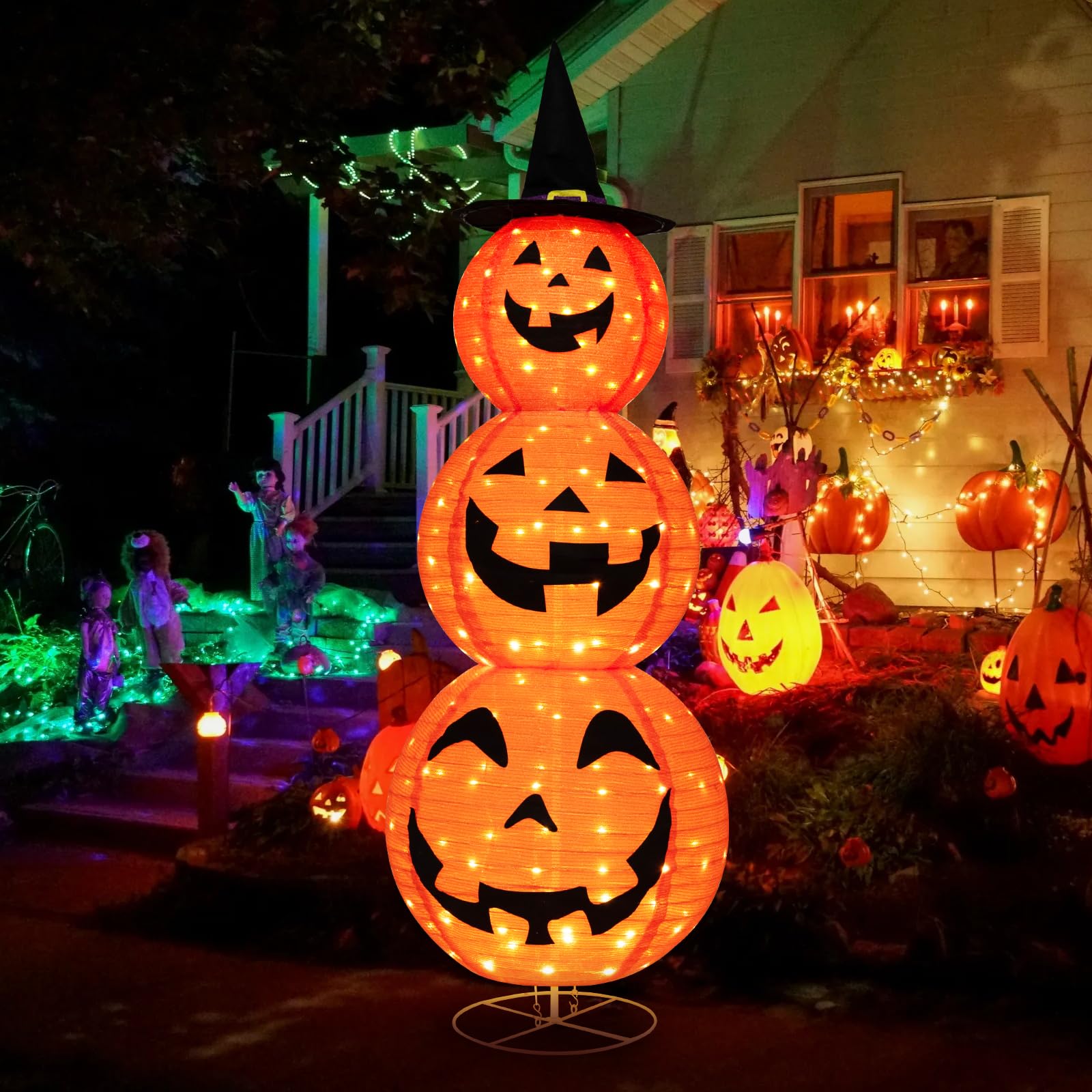 Tangkula 5 FT Halloween Lighted 3 Stacked Pumpkins, 3 Overlapped Pre-Lit Lighted Pumpkins with Hat