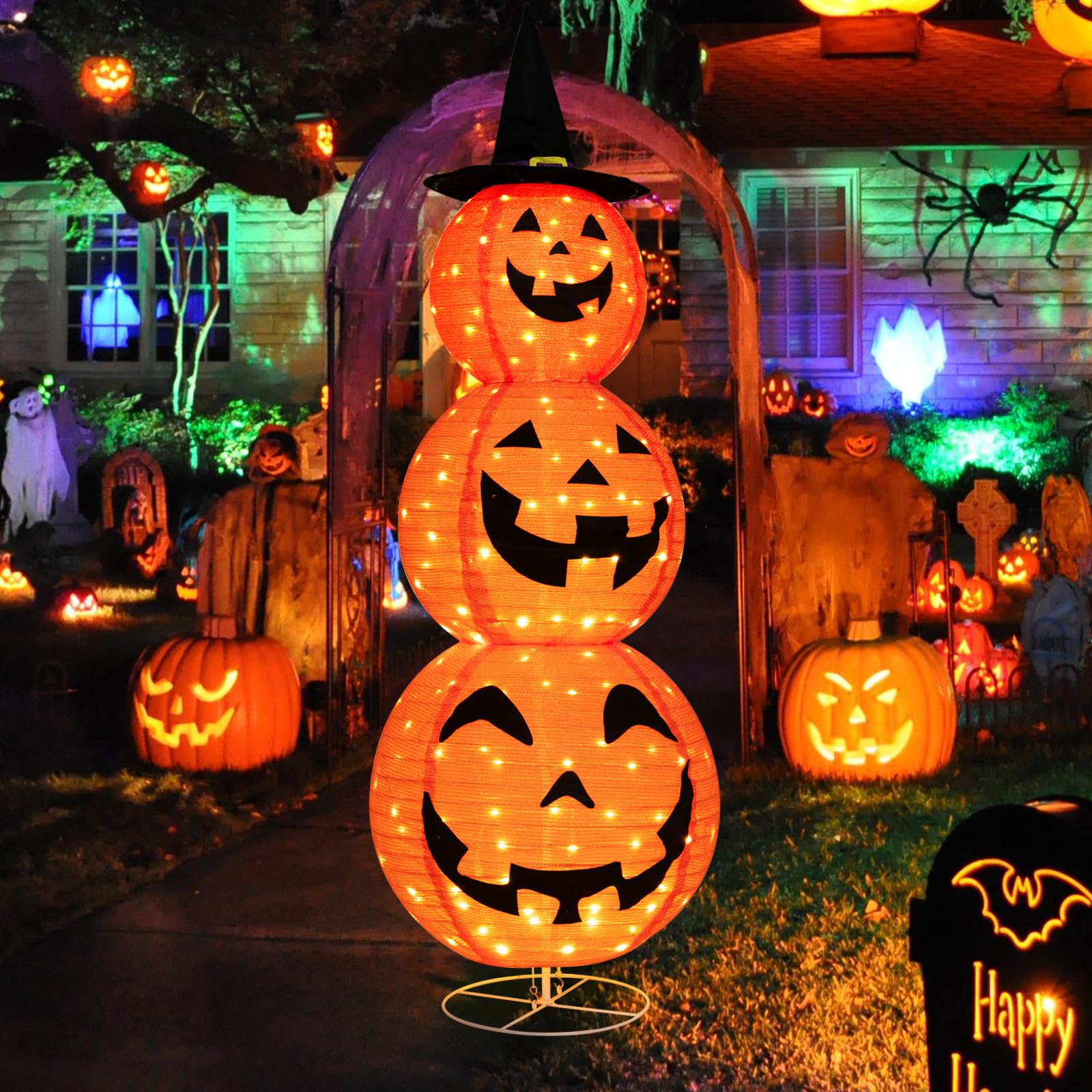 Tangkula 5 FT Halloween Lighted 3 Stacked Pumpkins