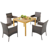 Tangkula 5 Pieces Patio Dining Set, 4 Cushioned Wicker Armchairs and Square Acacia Wood Dining Table