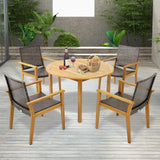 Tangkula 5 Pieces Patio Dining Set, 4 Patio Wicker Armchairs and Round Acacia Wood Dining Table