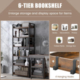 Tangkula 6-Tier Bookshelf, 70” Tall Industrial Bookcase w/Open Shelves & 4 Hooks