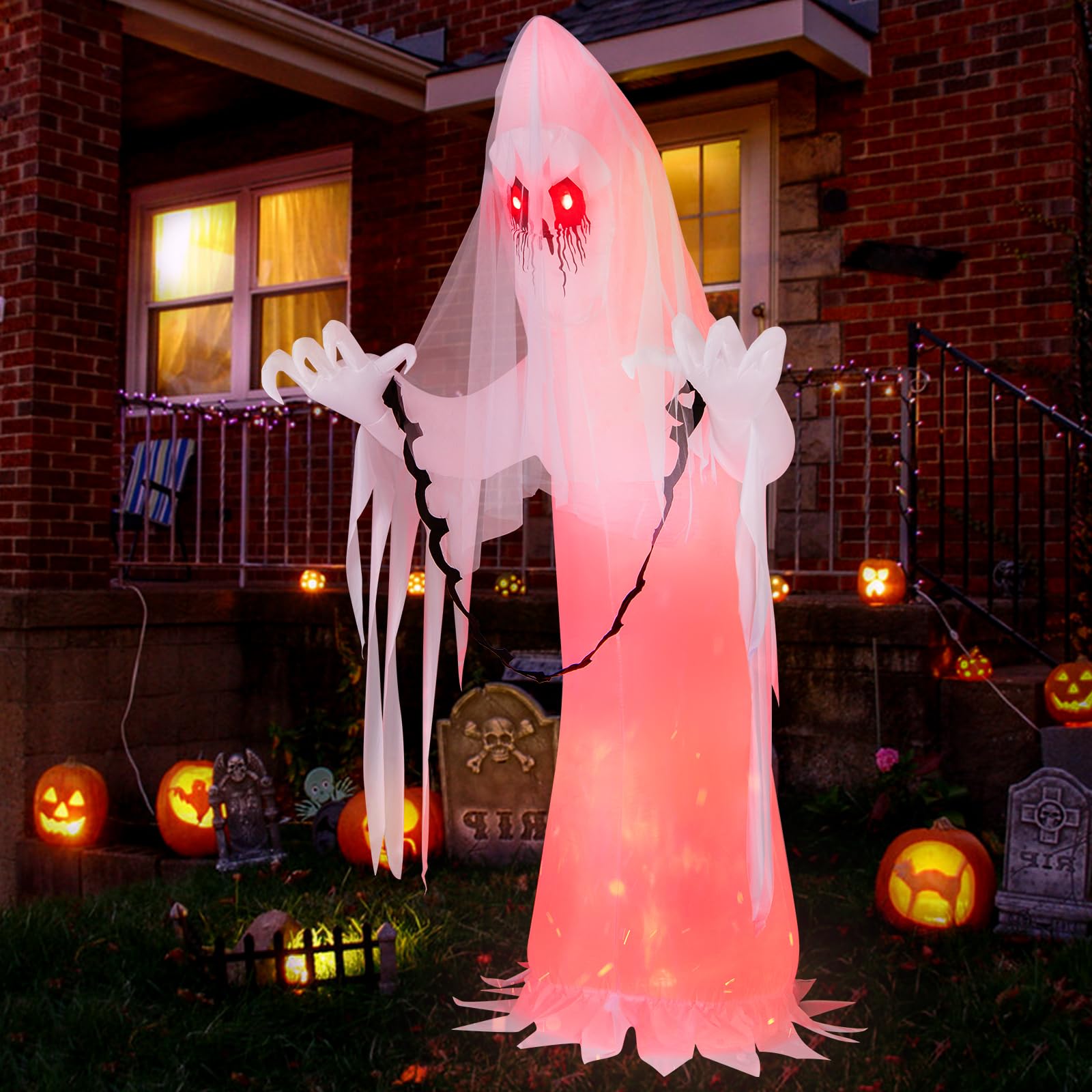 Tangkula 8 FT Halloween Inflatable Ghost, Blow-up Haunting Ghost Bride with Flame LED Light