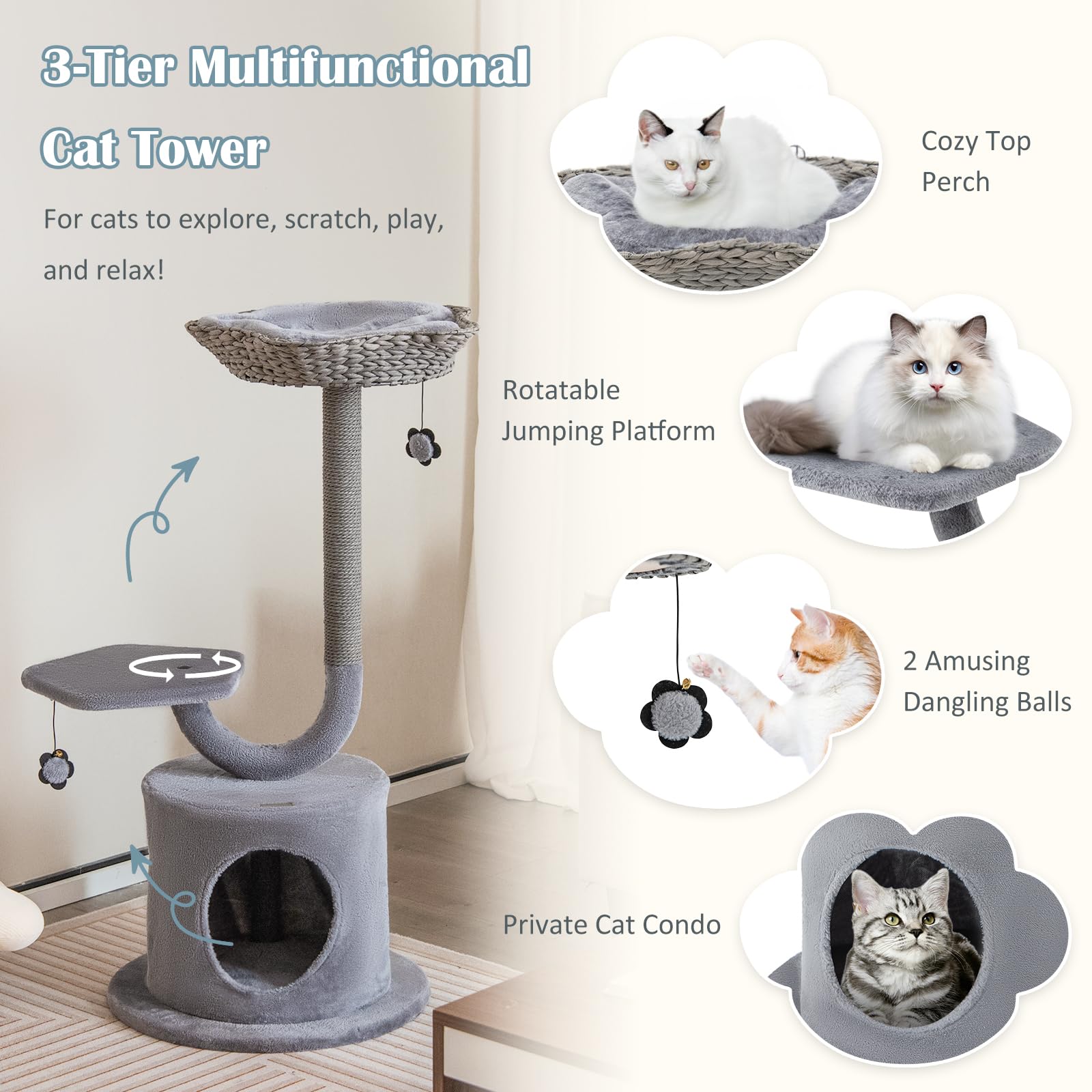 42 Inch Cute Cat Tower with Curved Metal Supporting Frame - Tangkula