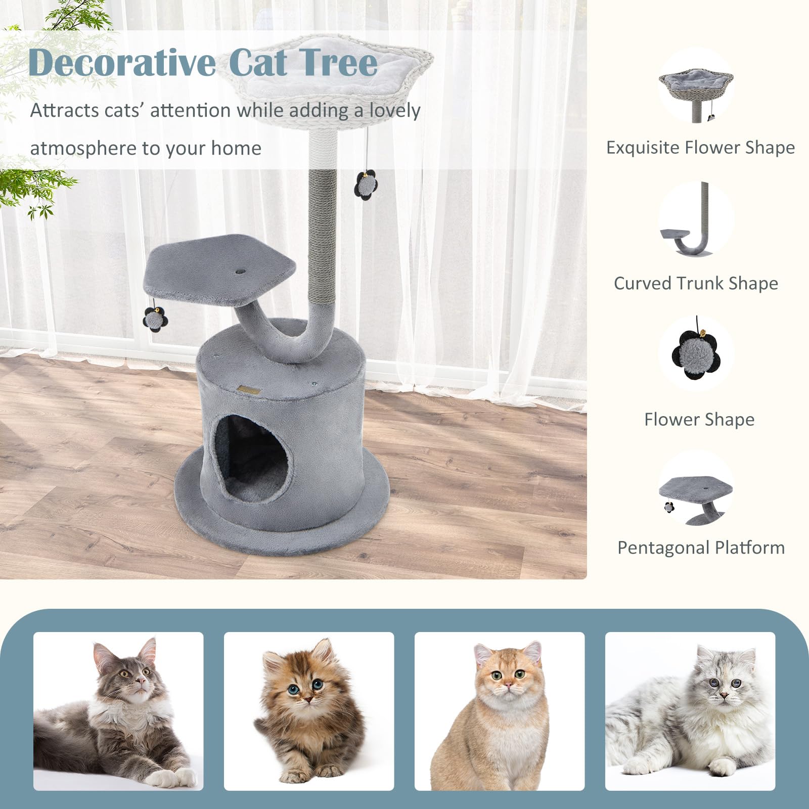 42 Inch Cute Cat Tower with Curved Metal Supporting Frame - Tangkula