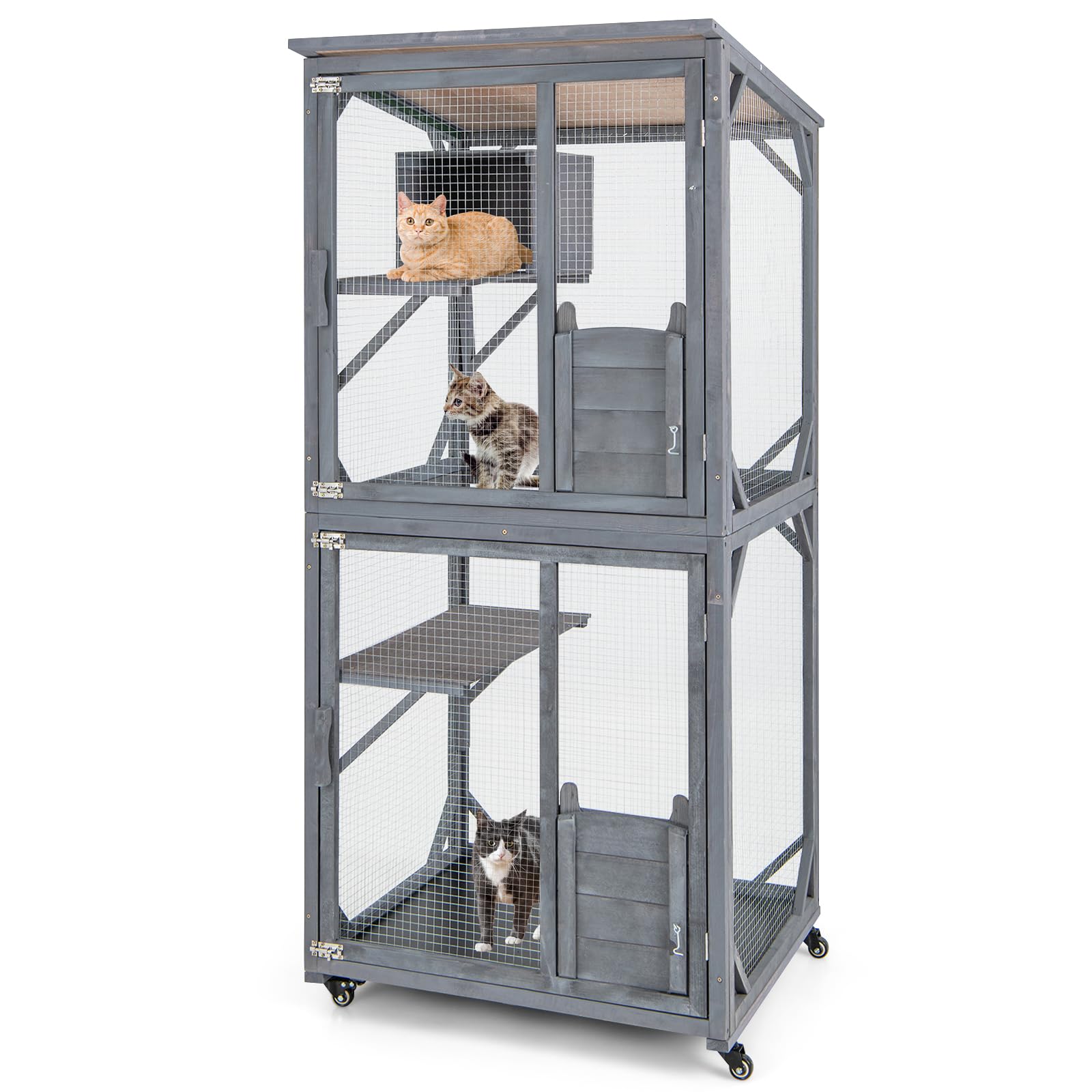 Tangkula Catio Outdoor Cat Enclosure, Wooden Cat House on Wheels, 31.5" x 27.5" x 72"
