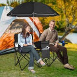 Tangkula Double Camping Chairs with Umbrella, Portable 2 Seat Folding Camp Chair with Cooler Bag