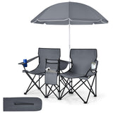 Tangkula Double Camping Chairs with Umbrella, Portable 2 Seat Folding Camp Chair with Cooler Bag