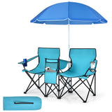 Tangkula Double Camping Chairs with Umbrella, Portable 2 Seat Folding Camp Chair with Cooler Bag