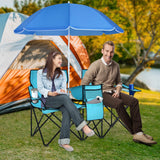 Tangkula Double Camping Chairs with Umbrella, Portable 2 Seat Folding Camp Chair with Cooler Bag