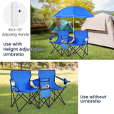 Tangkula Double Camping Chairs with Umbrella, Portable 2 Seat Folding Camp Chair with Cooler Bag