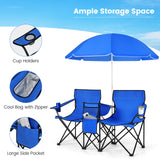 Tangkula Double Camping Chairs with Umbrella, Portable 2 Seat Folding Camp Chair with Cooler Bag