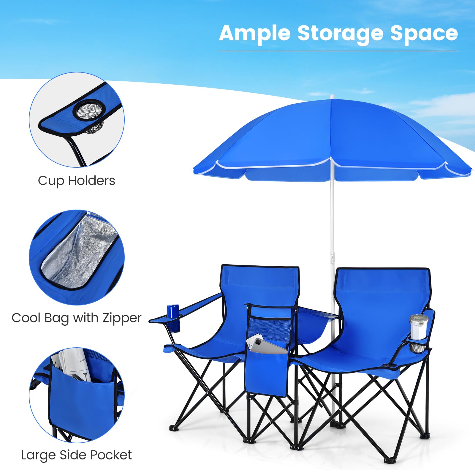 Tangkula Double Camping Chairs with Umbrella, Portable 2 Seat
