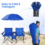 Tangkula Double Camping Chairs with Umbrella, Portable 2 Seat Folding Camp Chair with Cooler Bag