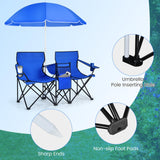 Tangkula Double Camping Chairs with Umbrella, Portable 2 Seat Folding Camp Chair with Cooler Bag