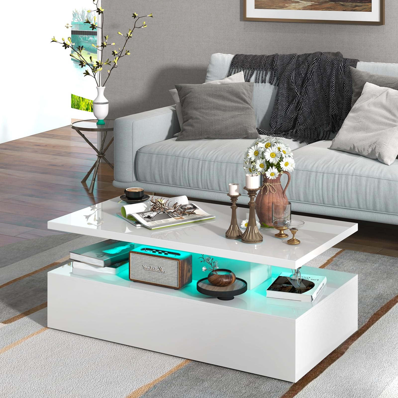 Tangkula LED Coffee Table, Modern High Gloss Coffee Table