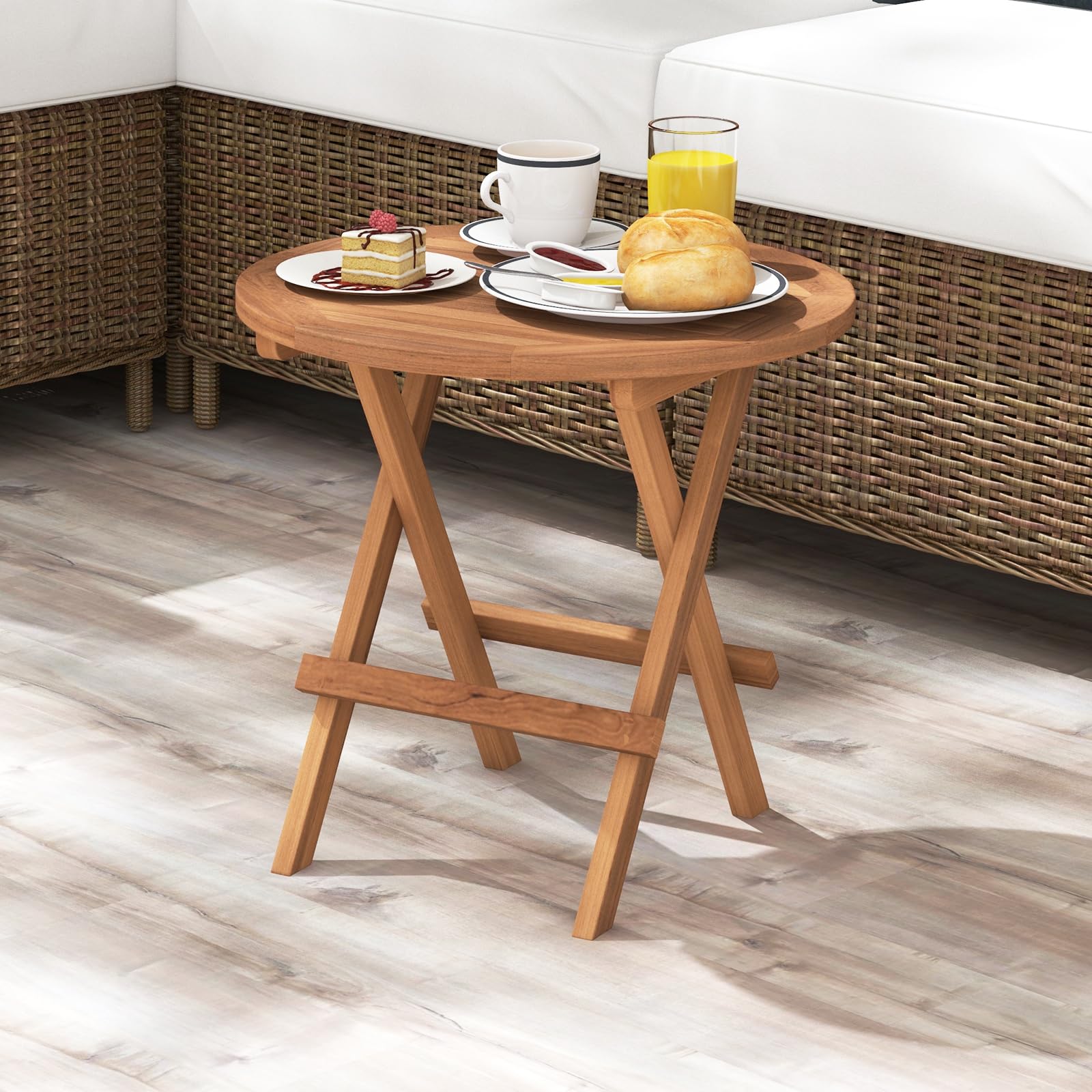 Teak Wood Round End Table with Slatted Tabletop - Tangkula