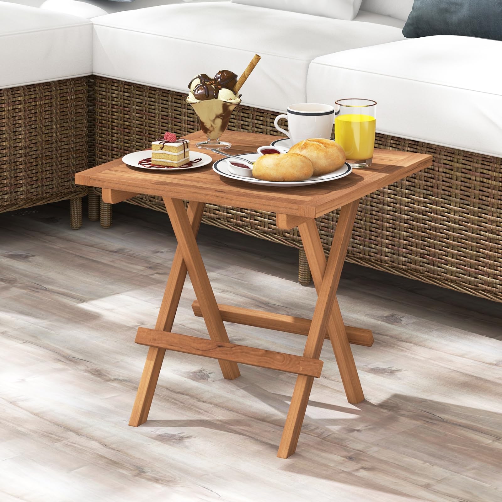 Teak Wood Square End Table with Slatted Tabletop - Tangkula