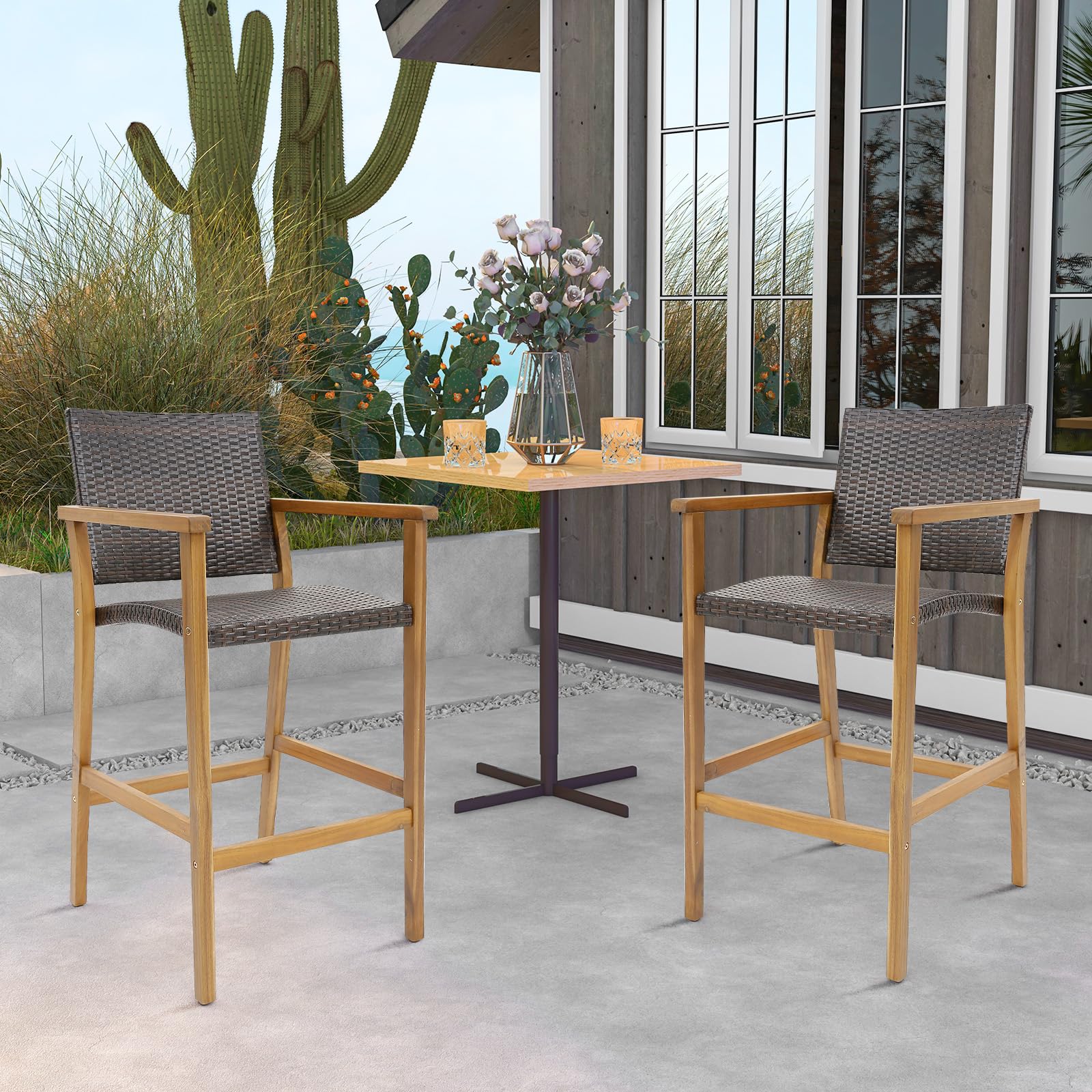 Patio Rattan Bar Stool Set of 2 - Tangkula