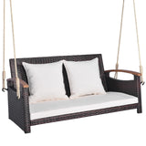 Tangkula Patio Rattan Porch Swing, 2-Person Hanging Chair with Seat & Back Cushions