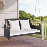 Tangkula Patio Rattan Porch Swing, 2-Person Hanging Chair with Seat & Back Cushions