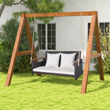 Tangkula Patio Rattan Porch Swing, 2-Person Hanging Chair with Seat & Back Cushions