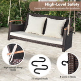 Tangkula Patio Rattan Porch Swing, 2-Person Hanging Chair with Seat & Back Cushions