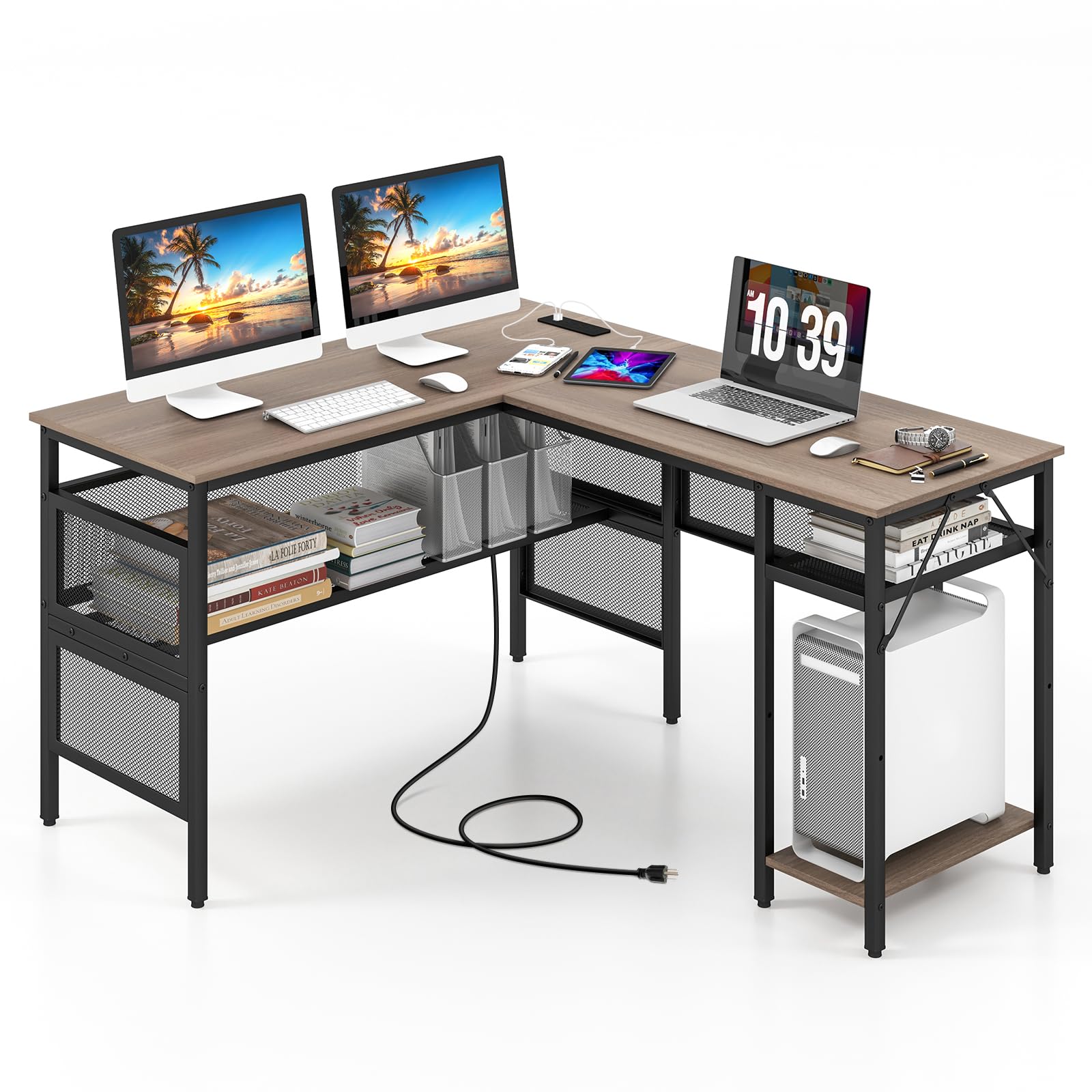 Reversible L-Shaped Computer Desk with Charging Station & Shelves - Tangkula