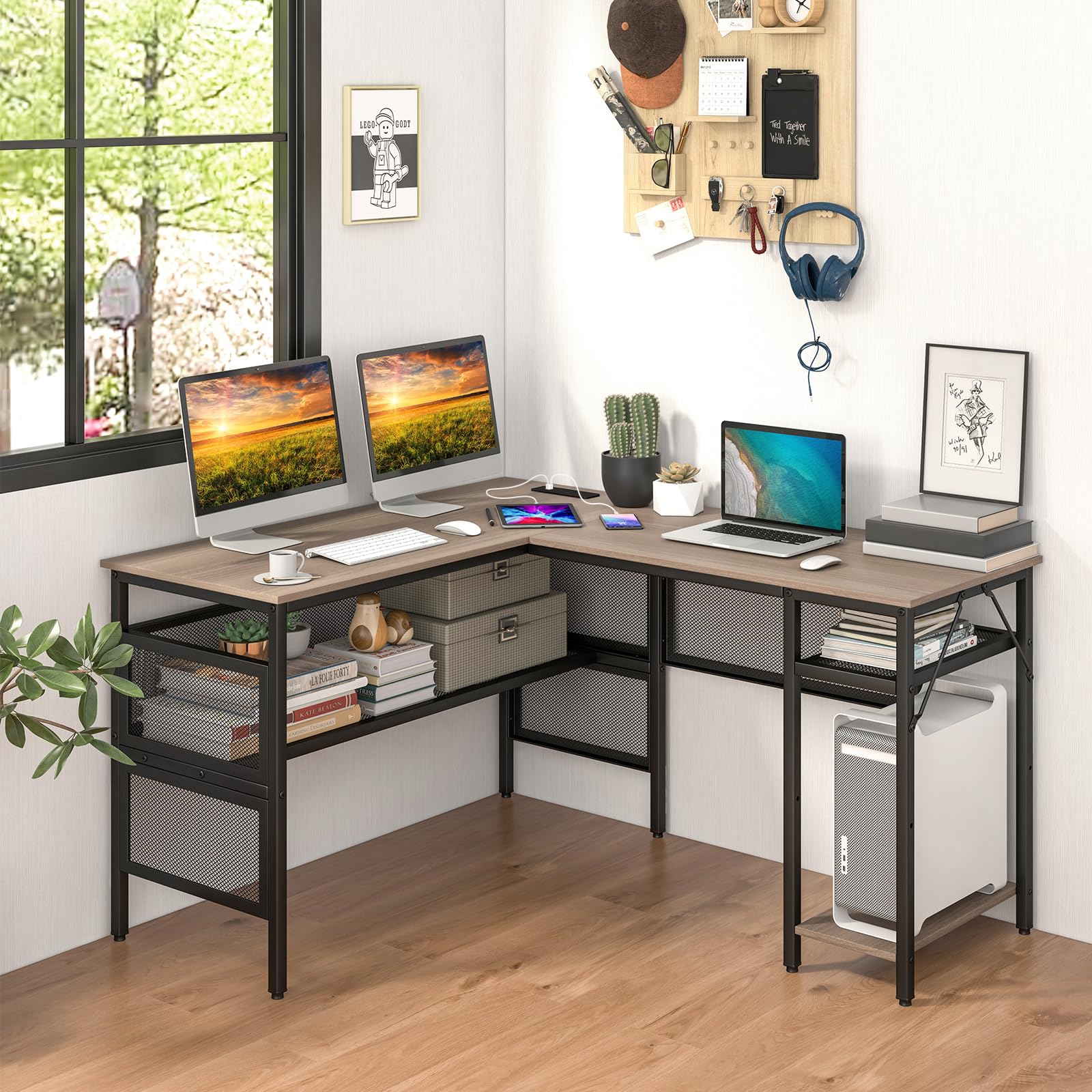 Reversible L-Shaped Computer Desk with Charging Station & Shelves - Tangkula