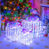 Tangkula Set of 3 Christmas Iridescent Box, 156 Cold White LED Lighted Present Boxes with Iridescent Bows