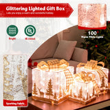 Tangkula Set of 3 Lighted Christmas Box, Pre-lit Present Boxes with 100 Warm White Lights