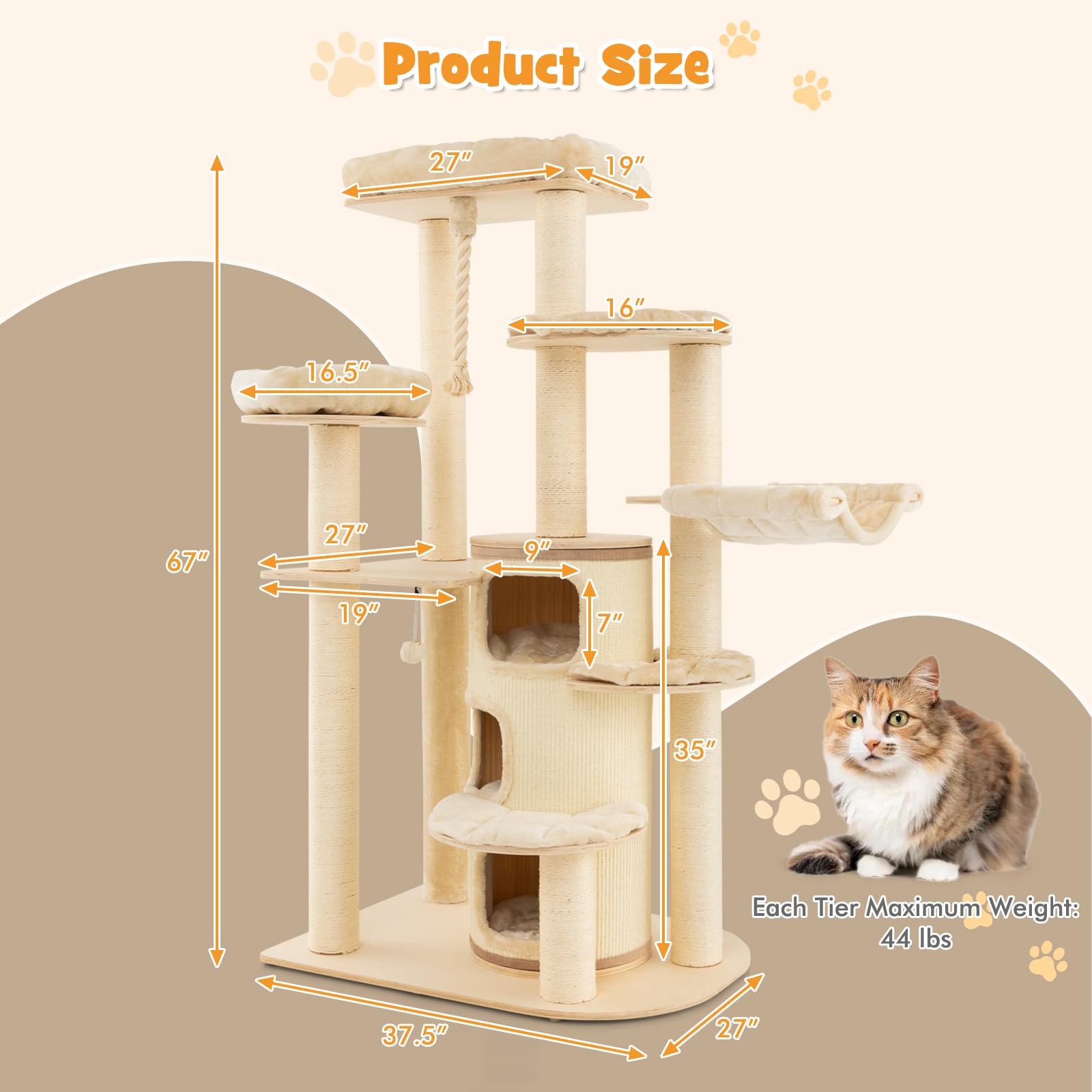  67 Inch Multi-Level Modern Large Cat Tower - Tangkula