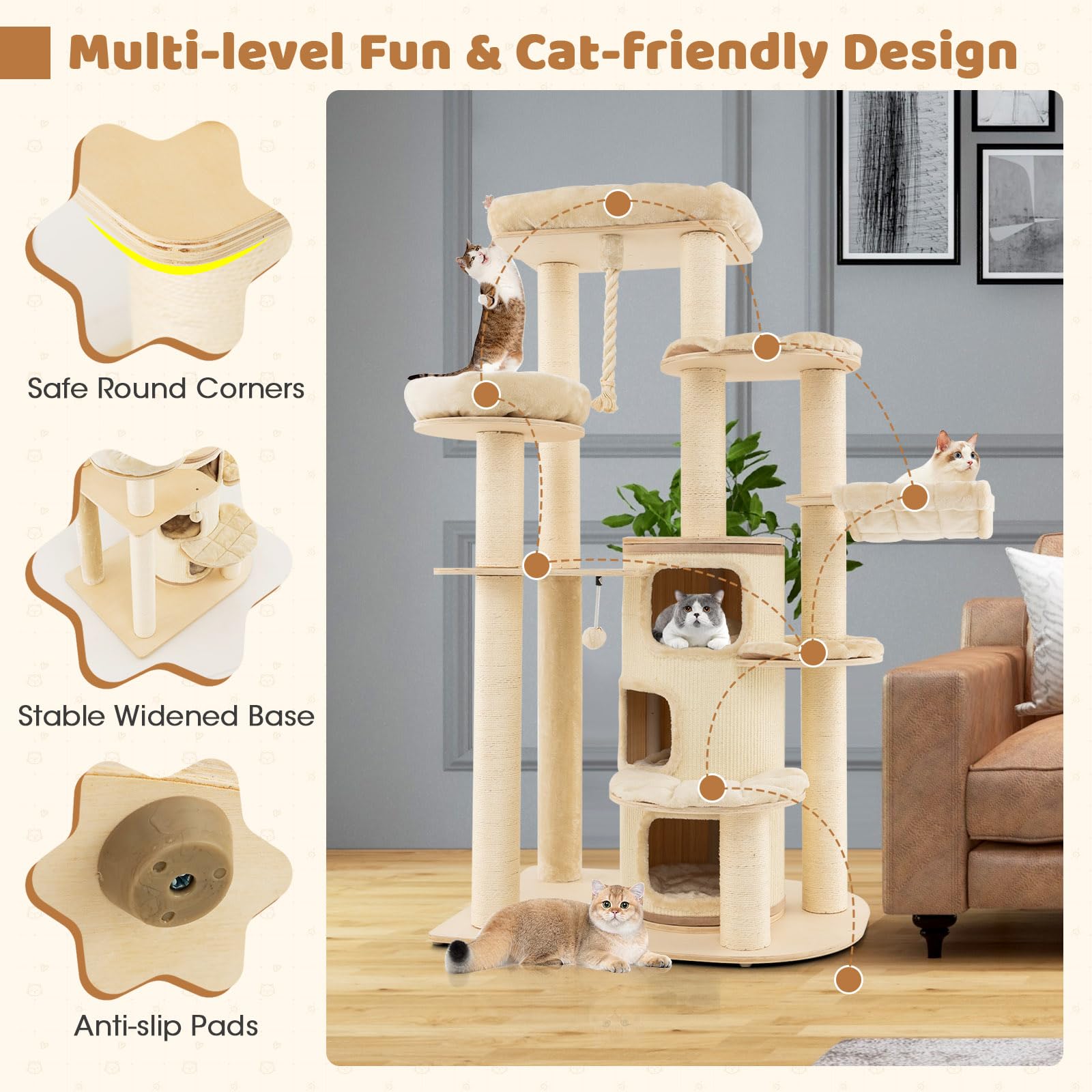  67 Inch Multi-Level Modern Large Cat Tower - Tangkula