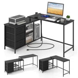 Tangkula L-Shaped Computer Desk with Power Outlet, Convertible Corner Desk with Drawers & Shelves