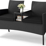 Tangkula Wicker 2 Seat Furniture with Soft Cushions and Tempered Glass Tabletop