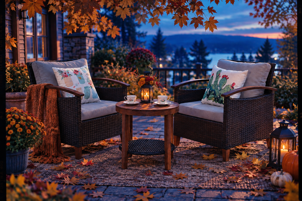 Two dark brown wicker patio armchairs with light gray cushions and floral throw pillows, arranged around a small round wooden side table on a stone patio. The setting is autumnal with fallen leaves, a warm lantern, and a scenic lake and mountain view at dusk in the background.