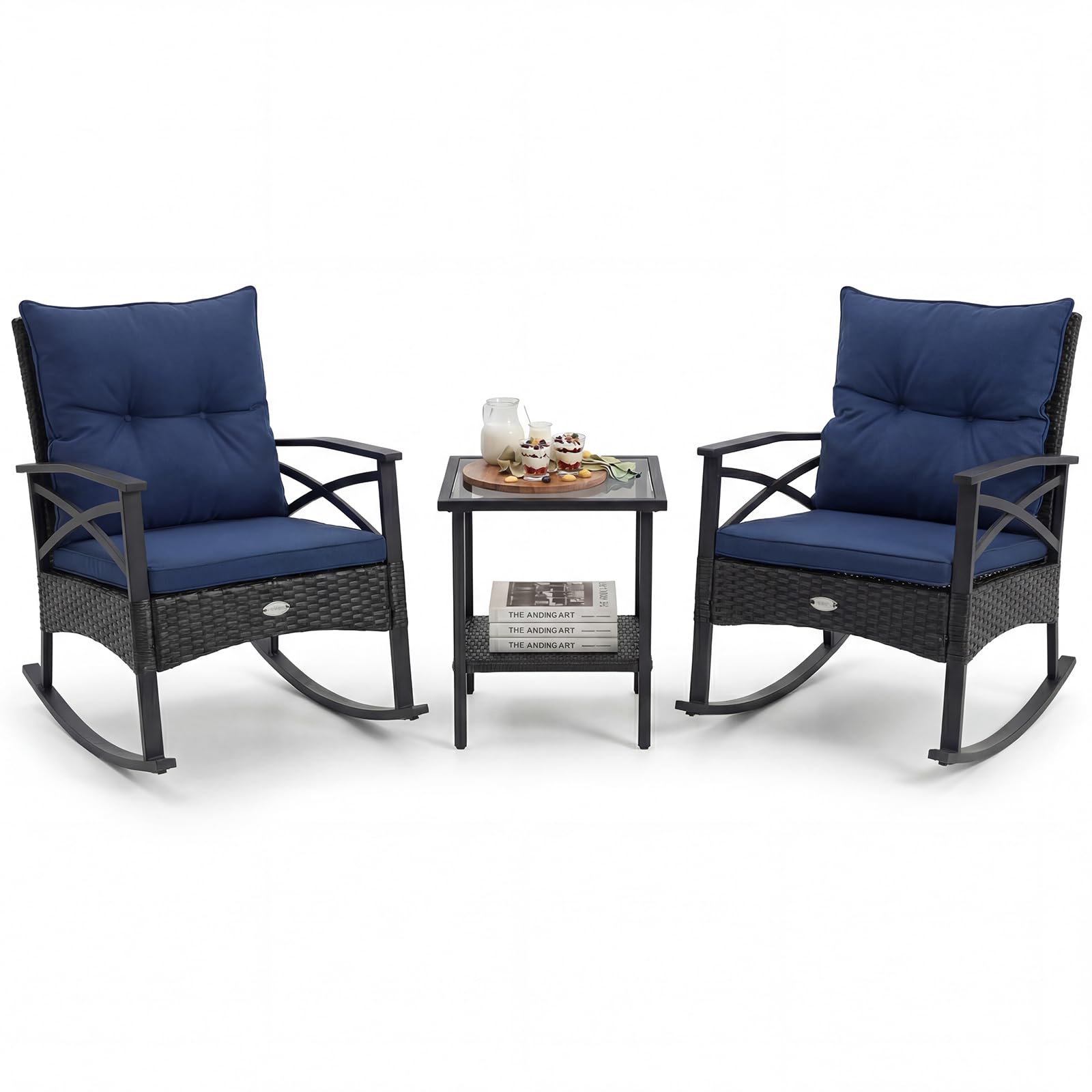 Tangkula 3 Pieces Outdoor Rocking Chairs Set Rattan Heavy Duty Cushioned Rocker Chairs